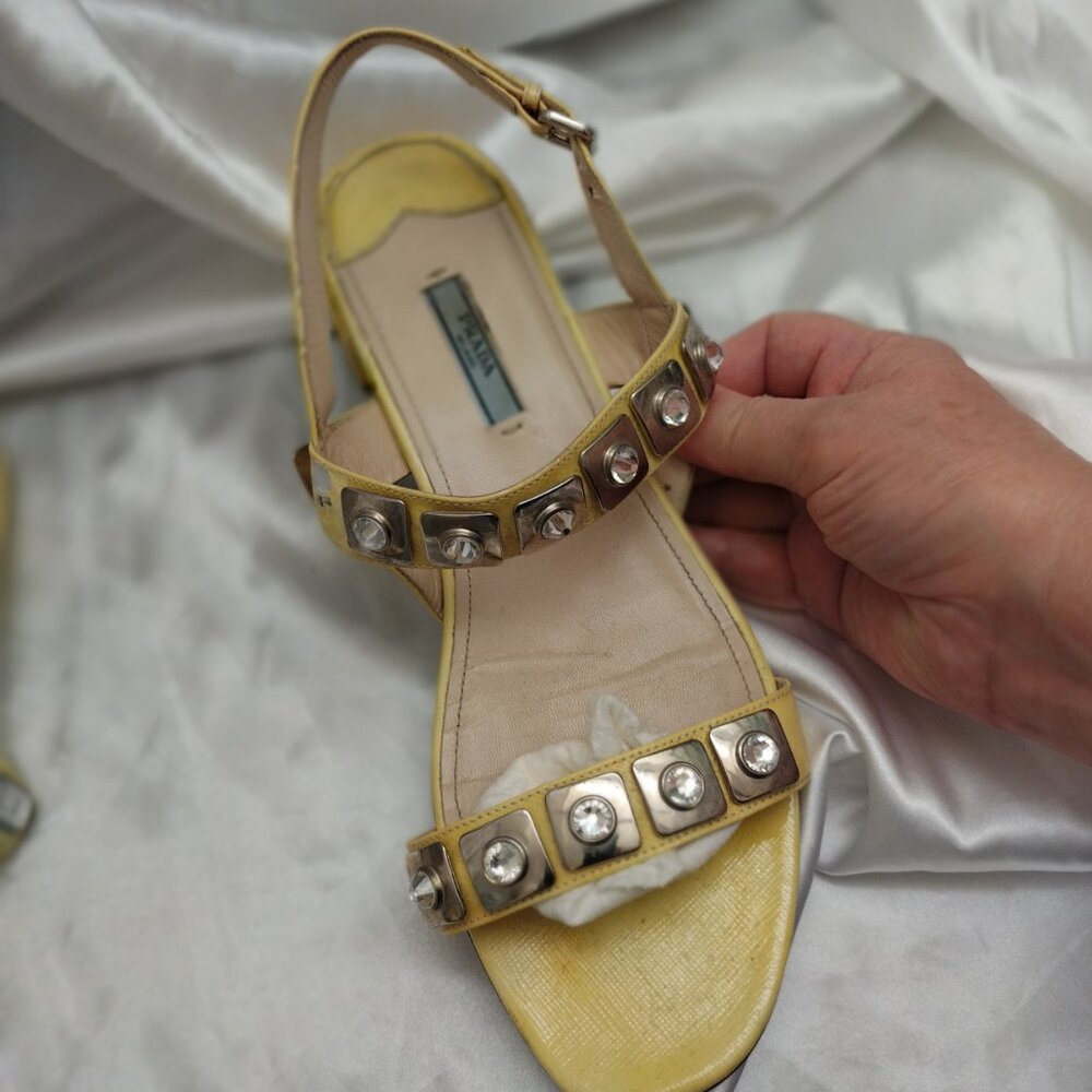 PRADA! Beautiful Prada LEMON Yellow Sandals w LARGE Crystal Studs Size 9 Leather